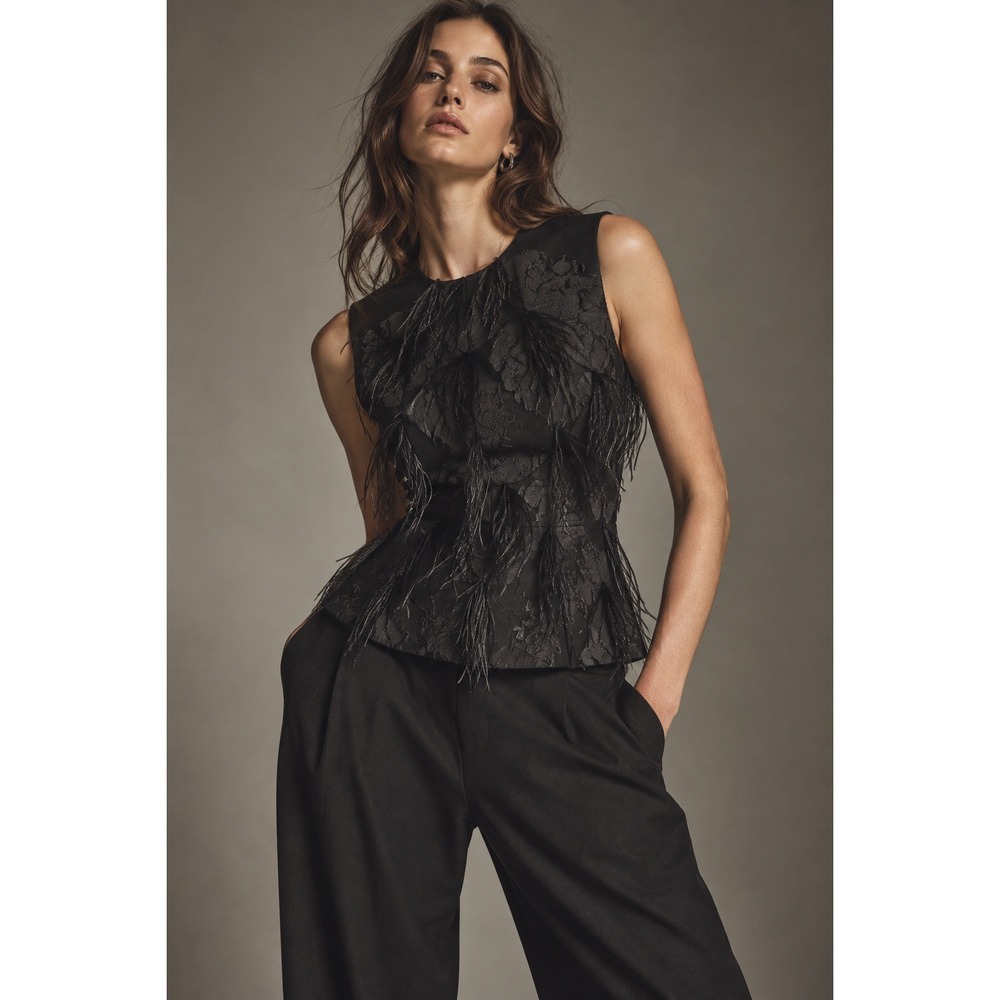 BCBGMAXAZRIA Feathered Burnout Floral Jacquard Top L Dark Feminine Avant Garde
